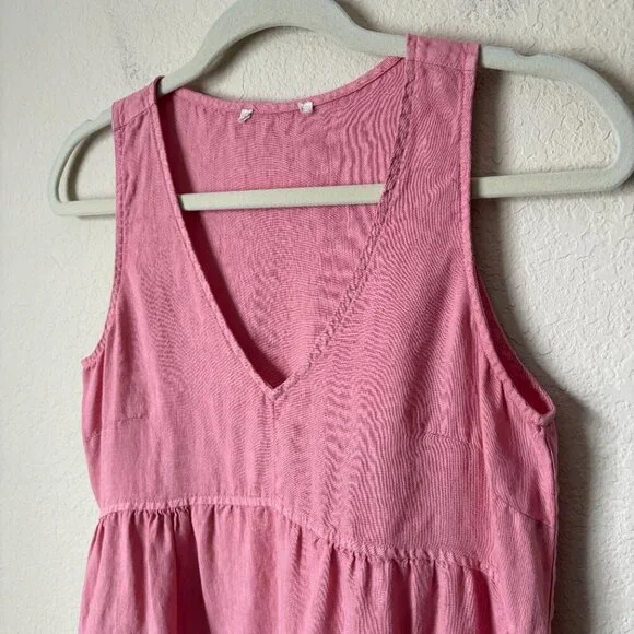 Boho Linen V-Neck Pink Mini Dress Beachy Boho Lagenlook Natural Summer - Picture 4 of 8